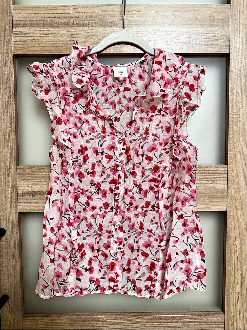 cabi Besotted Blouse Floral Ruffle Pink & Red Medium